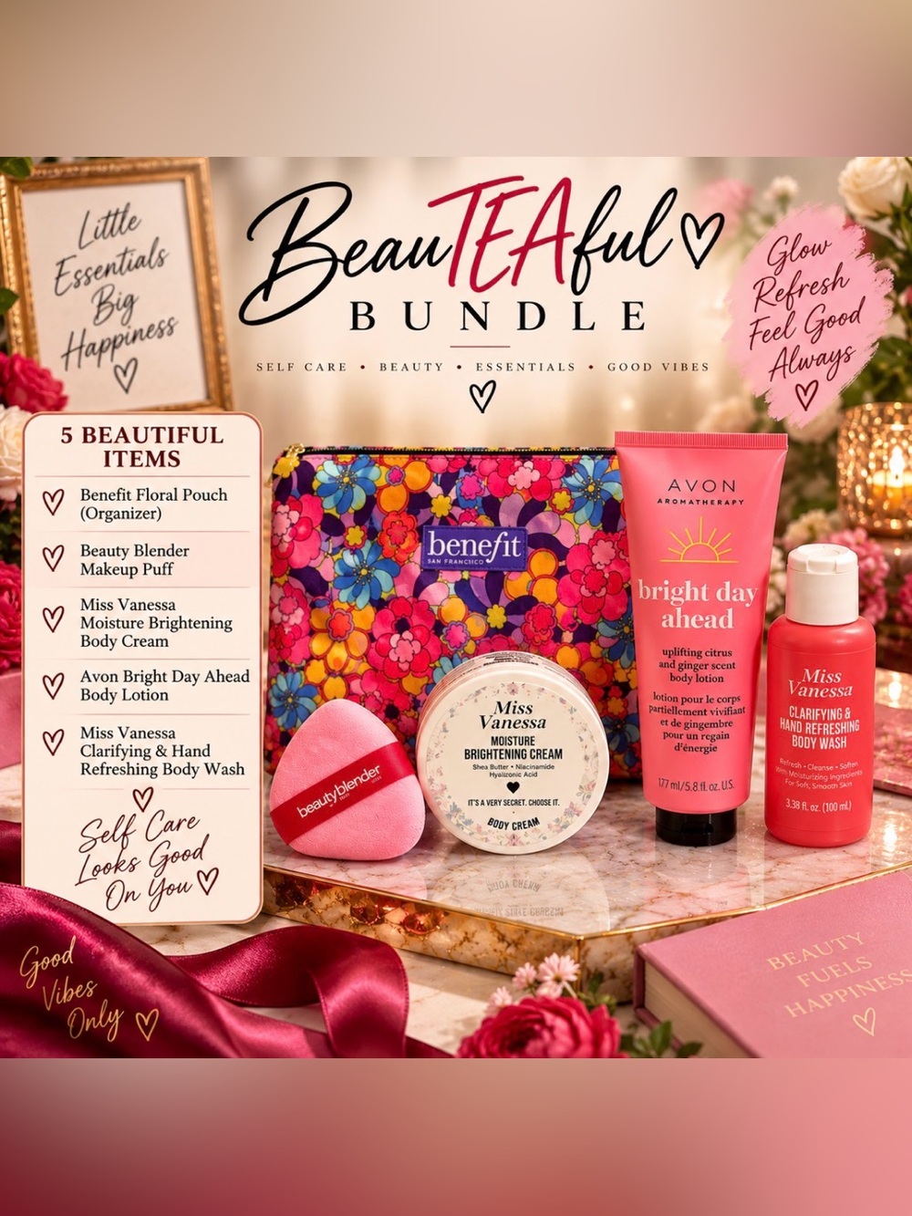 BeauTEAful Bundle - Benefit Floral Pouch with Pink Body Care & Beauty Blender